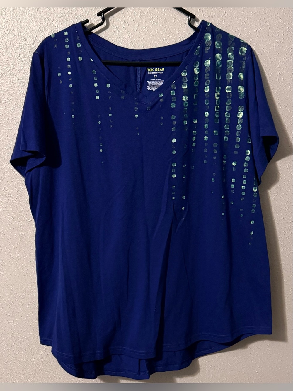 tek gear Royal Blue V-Neck Short Sleeve Top with Green Sequin Accents